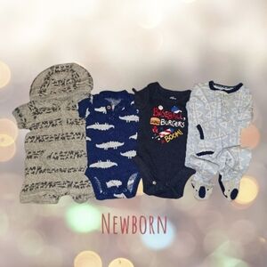 Newborn Baby Boy 4-Piece Bundle: Hooded Romper, Sleeper & Bodysuits